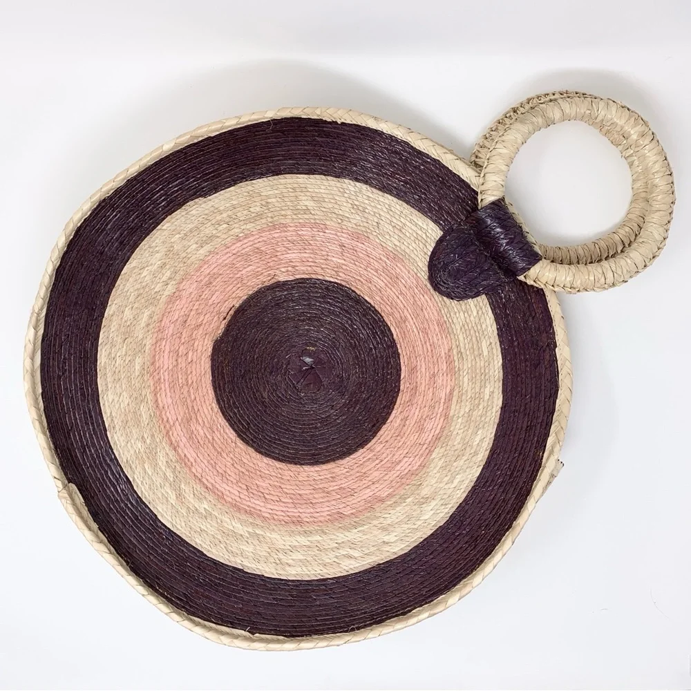 MISA Los Angeles Mykonos Circle Circular Straw Tote Bag Natural Purple Pink